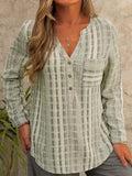 greatnfb  Plus Size Casual Blouse, Women's Plus Striped Print Long Sleeve Button Up Notched Neck Pocketed Shirt Top