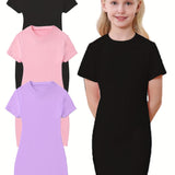 3-Pack Girls Short Sleeve Slim Fit T-Shirt Dress - Soft & Breathable, Crew Neck, Solid Colors, Casual Everyday Style