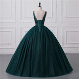 Shiny Dark Green Sequined Tulle Quinceanera Dresses Sexy Backless V Neck Ball Gown Evening Prom Gowns With Corset Back BM3506