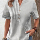 greatnfb  Striped Print Notched Neck Blouse, Casual Short Sleeve Button Front Blouse For Spring & Summer, Women's Clothing