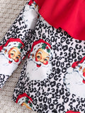 Christmas Dress Up, Long Sleeve Pullover Top & Flared Long Pants Set With Cartoon Santa Leopard Print For Toddler Baby Girls Outdoor Clothes