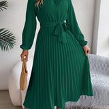 greatnfb  Solid Color Mock Neck Pleated Dress, Elegant Long Sleeve Belted A-line Dress, Women's Clothing