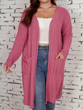 Plus Size Solid Color Double Pockets Cardigan, Casual Open Front Long Sleeve Cardigan For Spring & Fall, Women's Plus Size Clothing