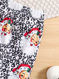 Christmas Dress Up, Long Sleeve Pullover Top & Flared Long Pants Set With Cartoon Santa Leopard Print For Toddler Baby Girls Outdoor Clothes