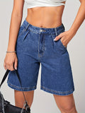 greatnfb Blue Slant Pockets Denim Shorts, Non-Stretch Straight Legs Casual Denim Shorts, Women's Denim Jeans & Clothing