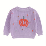 6 Months-4 Years Adorable Toddler Baby Girls' Pumpkin Pattern Halloween Long Sleeve Round Neck Chunky Knit Sweater - Soft and Cozy Pullover for Autumn and Winter - Perfect for Dressing Up or Everyday Wear