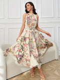 greatnfb  Floral Print Tiered Halter Dress, Elegant Sleeveless A-line Dress, Women's Clothing