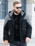 Plus Size Mens Warm Hooded Jacket, Loose Oversized Color Block Jacket Coat With Patch Pockets For Winter, Men's Parka