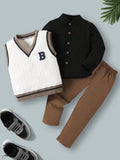 3-Piece Boys' Casual Outfit Set - Soft Button-Up Cardigan, Contrast Trim Ribbed Sweater Vest, and Loose-Fitting Comfortable Pants for Spring and Autumn - Easy to Mix and Match