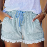 greatnfb Raw Hem Drawstring Elastic Waist Denim Shorts, Casual Slash Pocket Denim Shorts, Women's Denim Jeans & Clothing