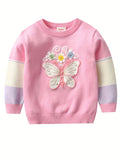 Vibrant Daisy Delight Crew Neck Sweater Top for Girls - Soft Beads and Butterfly Embroidery, Long Sleeves, Comfortable Fit, Spring and Autumn Wear, Ideal for Casual Outings and School Days