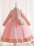 3pcs Girls Glamorous Puffy Princess Dress Set - Flower Embellished, Jacquard Jacket & Bag - Perfect for Parties & Performances