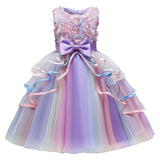 Elegant Girls' Unicorn Birthday Party Dress - Rainbow Tulle Ball Gown with Floral Applique, Comfort Fit