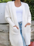 Plus Size Solid Open Front Cardigan, Casual Long Sleeve Pocket Cardigan For Fall & Winter, Women's Plus Size Clothing