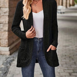 Plus Size Open Front Ribbed Cardigan, Casual Dual Pockets Long Sleeve Cardigan For Fall, Women's Plus Size Clothing