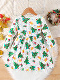 Girls' Christmas Santa Print Long Sleeve Dress, Cute Polyester Fabric, Stretchy, Christmas Pattern, A-Line, Ruffle Detail, Spring/Autumn Season, Children'S Fashion Dress