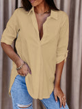 greatnfb  Solid Button Down Shirt, Casual Roll Up Sleeve Curved Hem Shirt, Women's Clothing