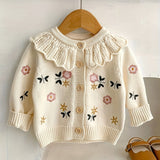 Adorable Floral Embroidery Ruffle Collar Knitted Sweater Top - Soft Cotton, Long-Sleeved, Baby Girl Cardigan Coat for Spring and Autumn - New Season Essential for Little Princesses