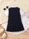 Adorable Girls Preppy School Dress - Fashionable Pleated Design with Classic Splicing, Short Sleeve Lapel Collar, Premium Quality Uniform Style for Timeless Charm