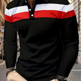 Men's Stylish Color Block Polo Shirts - Long Sleeve Lapel Golf Polos with Mid Stretch, Regular Fit, and Casual Style for Spring/Autumn Season Wear