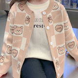 Adorable Fleece-Lined Bear & Bows Pattern Crew-Neck Cardigan Sweater - Soft, Warm, and Cozy for Girls - Fall/Spring Girl's Clothing, Button Down Jacket with Knitwear Design