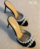 French Pearl Slippers For Women  Summer New Black Open Toe Round Head Line With Stiletto Heels Sandals Kq8