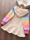 Girls' Rainbow Patterned Pleated Dress Hoodie - Casual Polycotton Long Sleeve Pullover for Spring & Fall