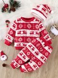 Cute Newborn Baby Boy Flannel Outdoor Set Baby Girl Christmas Graphic Sweatshirt Top Pants Hat 3pcs Outdoor Set, Comfortable And Warm For Winter Fall!