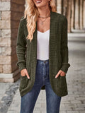 Plus Size Open Front Ribbed Cardigan, Casual Dual Pockets Long Sleeve Cardigan For Fall, Women's Plus Size Clothing