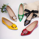 Fashionable Womens Buckle Flat Shoes - Pointed Toe Slip-Ons with Solid Color Patent Leather - Ultra-Comfortable & Stylish