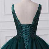 Shiny Dark Green Sequined Tulle Quinceanera Dresses Sexy Backless V Neck Ball Gown Evening Prom Gowns With Corset Back BM3506