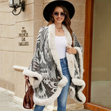 Luxurious Peacock Flower Pattern Cardigan Poncho - Soft Faux Fur Collar, Edge Shawl, Vintage-Inspired, Thickened Warm, Large Cloak for Autumn and Winter - Perfect for Outdoor Activities and Daily Wear