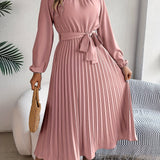 greatnfb  Solid Color Mock Neck Pleated Dress, Elegant Long Sleeve Belted A-line Dress, Women's Clothing