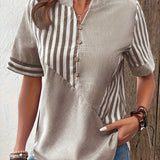 greatnfb  Striped Print Notched Neck Blouse, Casual Short Sleeve Button Front Blouse For Spring & Summer, Women's Clothing