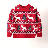 Boys Cozy Cartoon Deer & Trees Graphic Knit Pullover Sweater - Soft Viscose Blend, Crew Neck, Long Sleeve, Regular Fit - Perfect for Winter, Spring, and Autumn