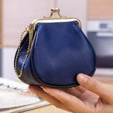 Mini Genuine Leather Coin Purse, Vintage Kiss Lock Wallet, Portable Clutch Storage Bag With Keychain