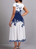 greatnfb  Plus Size Flroral Print Dress, Casual V Neck Short Sleeve Midi Dress, Women's Plus Size Clothing