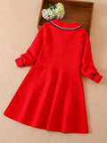 Elegant Preppy Bear-Embroidered Girls' Knit Dress - Cozy Long Sleeve, Easy-Care Spring/Fall Fashion