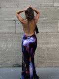 Backless Maxi Dress Women Sexy Purple Print Halter Bodycon Dress Summer Beach Outfits Elegant Sleeveless Club Party Dress