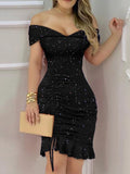 Sexy Shiny Off Shoulder Women Mini Dress Ruffles Casual Slim Nightclub Bodycon Dress Drawstring Elegant Night Dress Vestidos