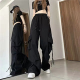 Y2K Women Cargo Pants Vintage Streetwear Baggy Wide Leg Sweatpants Casual Drawstring Oversize Pockets Tech Fashion Trousers