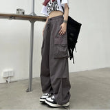 Women Casual Baggy Cargo Pants Solid Low Waist Joggers Tech Pants Drawstring Wide Leg Baggy Trousers Y2K Streetwear Sweatpants