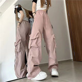 Y2K Women Cargo Pants Vintage Streetwear Baggy Wide Leg Sweatpants Casual Drawstring Oversize Pockets Tech Fashion Trousers