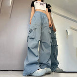 Y2K Women Cargo Pants Vintage Streetwear Baggy Wide Leg Sweatpants Casual Drawstring Oversize Pockets Tech Fashion Trousers