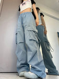 Women Y2K Korean Cargo Pants Hip Hop Loose Causal Wide Leg Pants Fashion High Waist Baggy Streetwear Multi Pockets Sweatpants