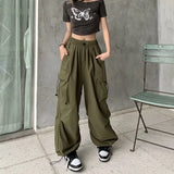 Women Casual Baggy Cargo Pants Solid Low Waist Joggers Tech Pants Drawstring Wide Leg Baggy Trousers Y2K Streetwear Sweatpants