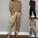 Women Satin Two Piece Set 2024 Spring Summer Fashion Solid Color Long Sleeve Top with Trousers Loose 2 Piece Set Female Suit