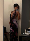 Backless Maxi Dress Women Sexy Purple Print Halter Bodycon Dress Summer Beach Outfits Elegant Sleeveless Club Party Dress