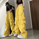 Y2K Women Cargo Pants Vintage Streetwear Baggy Wide Leg Sweatpants Casual Drawstring Oversize Pockets Tech Fashion Trousers