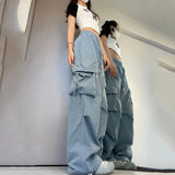 Y2K Women Cargo Pants Vintage Streetwear Baggy Wide Leg Sweatpants Casual Drawstring Oversize Pockets Tech Fashion Trousers